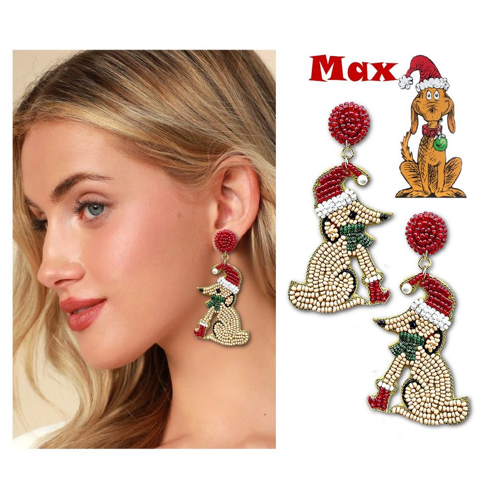 Max The Grinch Dog Seed Bead Christmas Holiday Earrings NEW